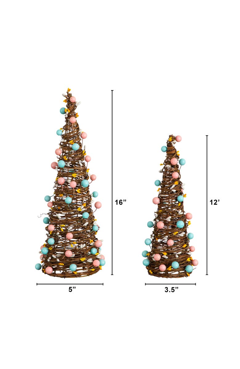NEARLY NATURAL 12-in and 16-in  Artificial Easter Rattan Cone Trees with Pastel Eggs - Set of 2, Alternate, color, Brown