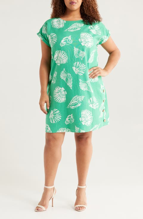 Shell Print Short Sleeve Linen Blend Dress (Plus)