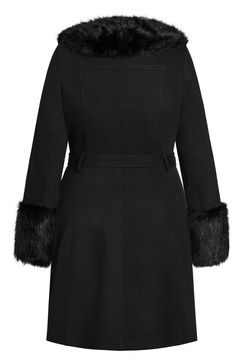 Make Me Blush Belted Coat with Faux Fur Trim, Alternate, color, BLACK