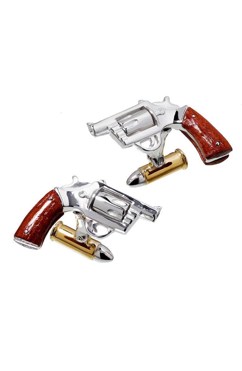 Jan Leslie Pistol Wood Handle 24K Vermeil Bullet Back Sterling Cufflinks, Main, color, Silver