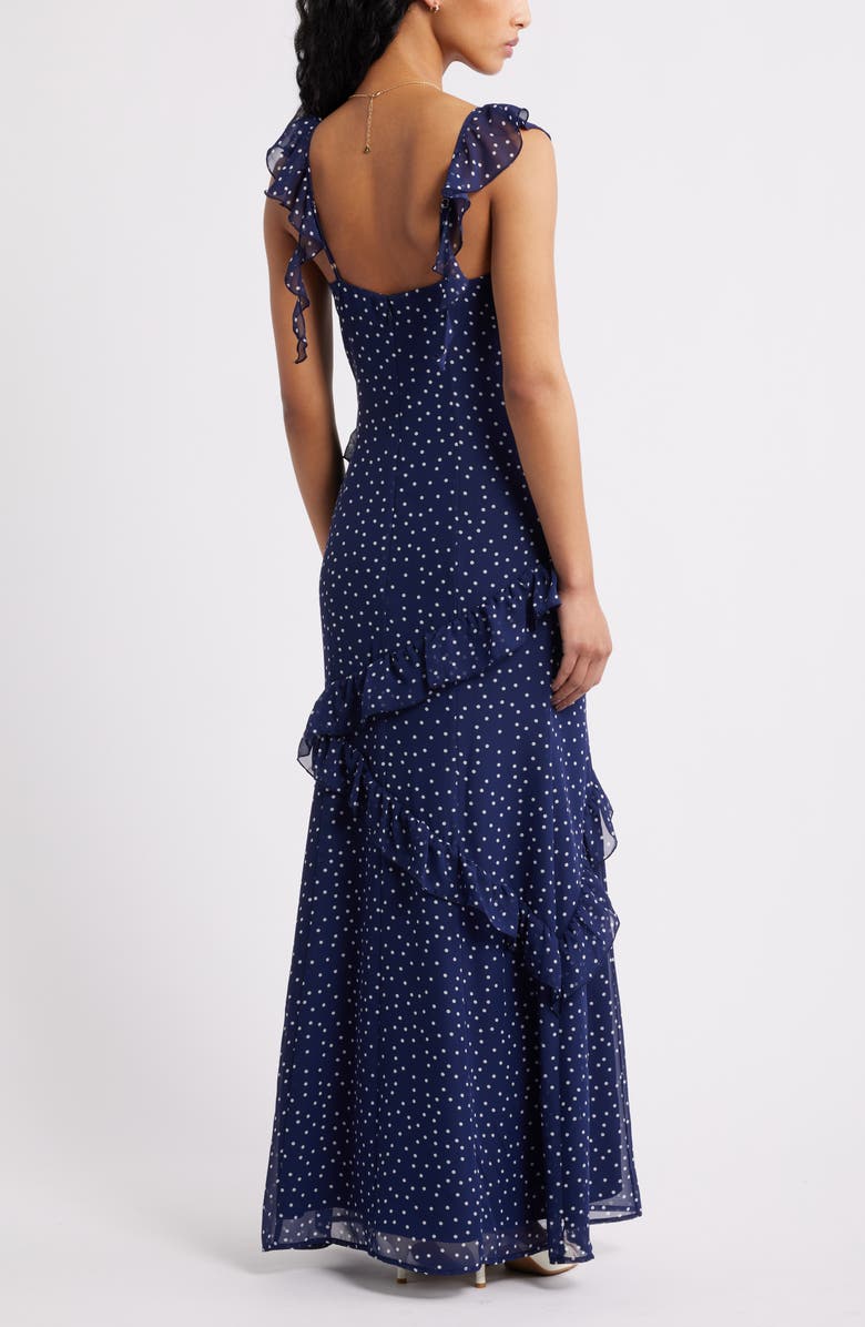 BP. Asymmetric Ruffle Tiered Maxi Dress, Alternate, color, Navy- White Myla Dot