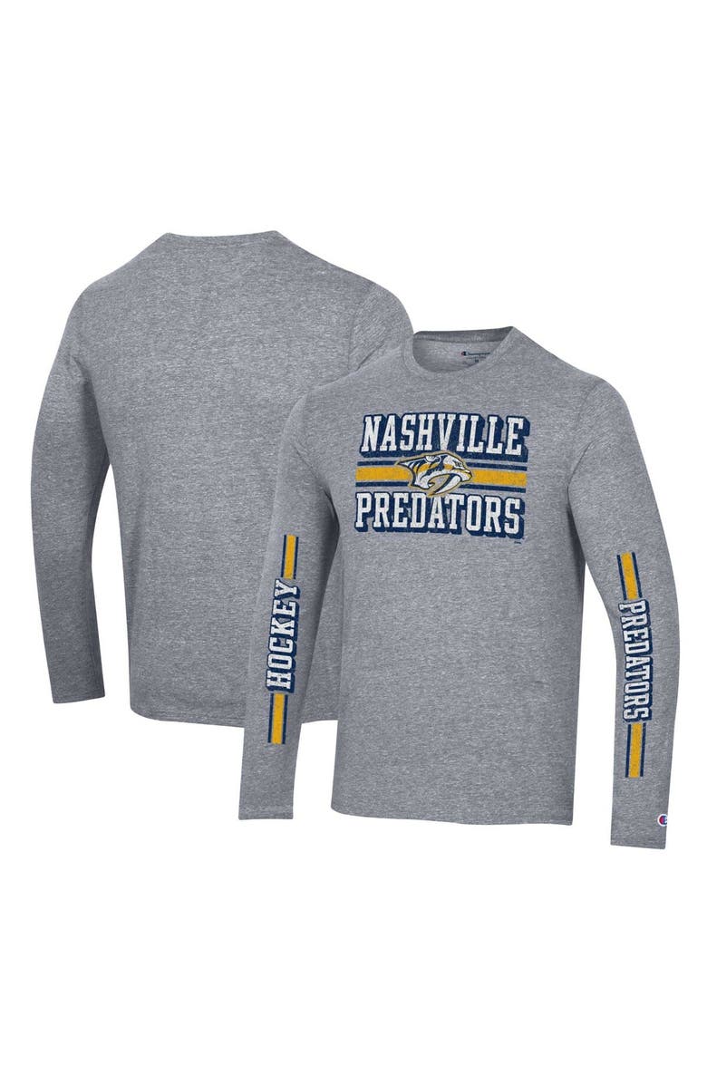 Champion Men's Champion Heather Gray Nashville Predators Tri-Blend Dual-Stripe Long Sleeve T-Shirt, Alternate, color, Heather Gray