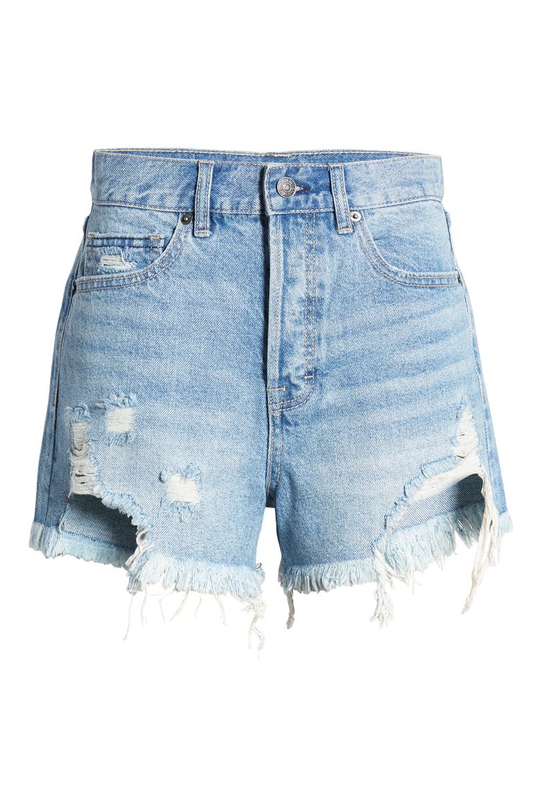 Chewed Hem Distressed Denim Shorts, Alternate, color, MEDIUM WASH