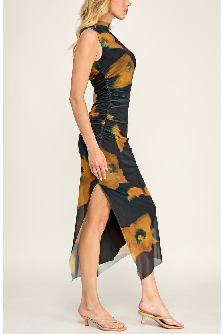 Floral Shirred Mesh Dress, Alternate, color, GREEN/ BLACK MUSTARD