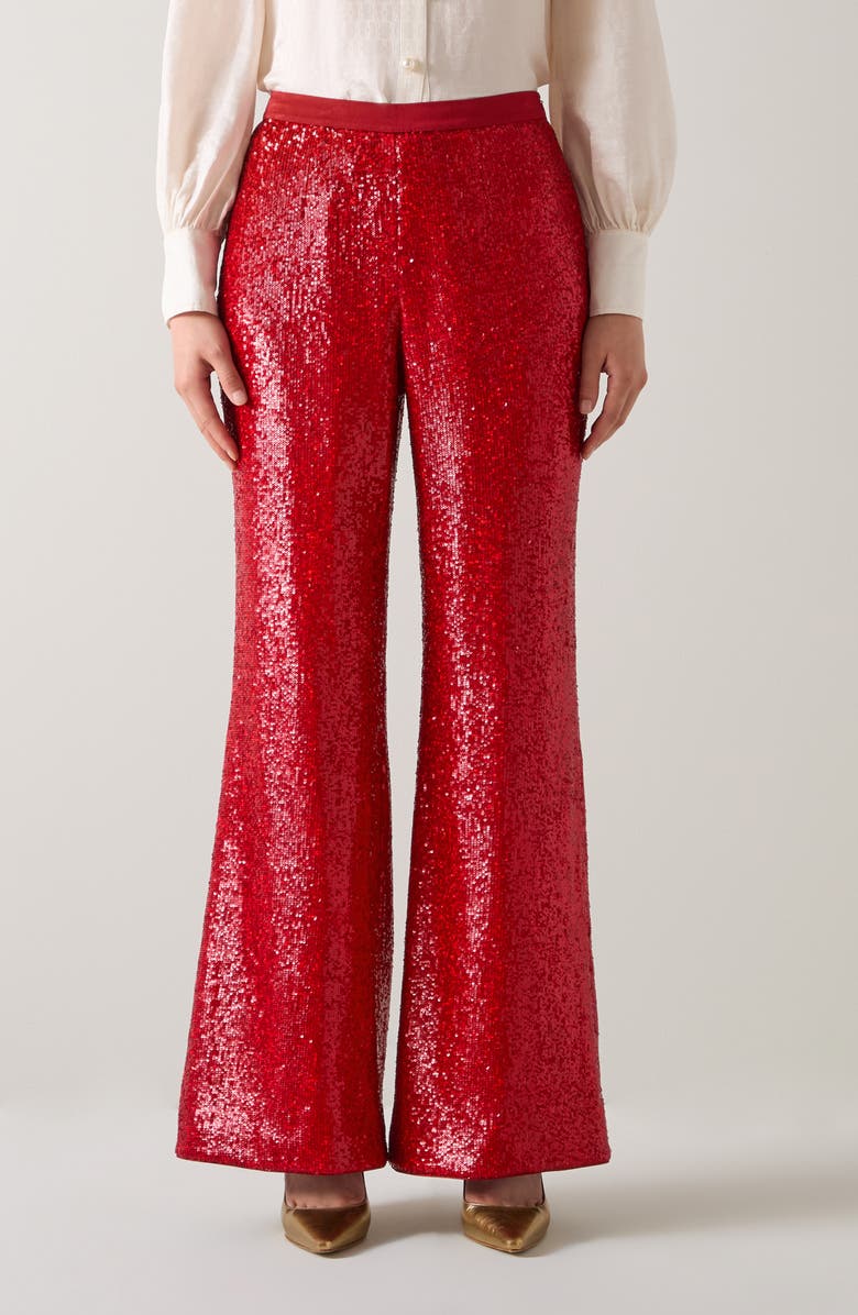 LK Bennett Shimmer Sequin Wide Leg Pants, Main, color, Red