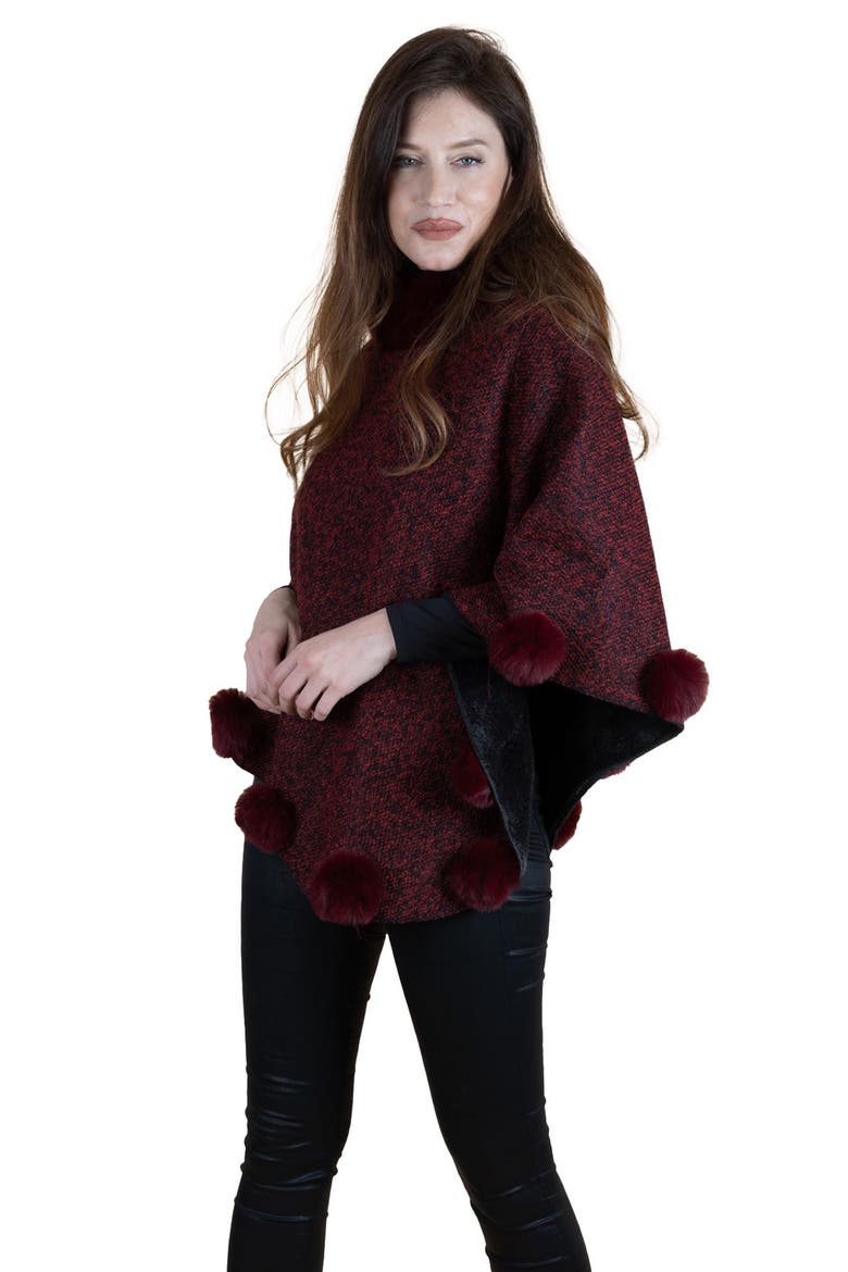 Posey Faux Fur Pompom Poncho, Alternate, color, RED