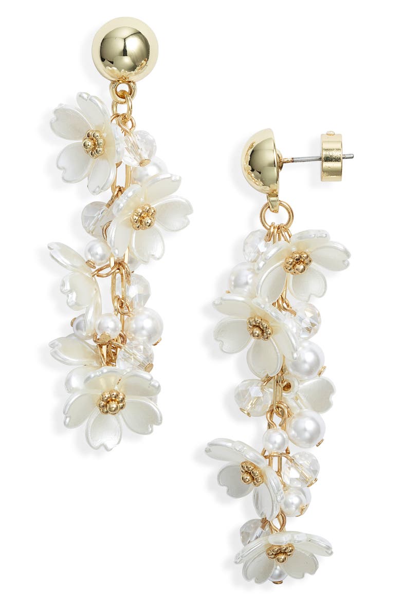 Floral Cascade Linear Drop Earrings, Main, color, WHITE- GOLD