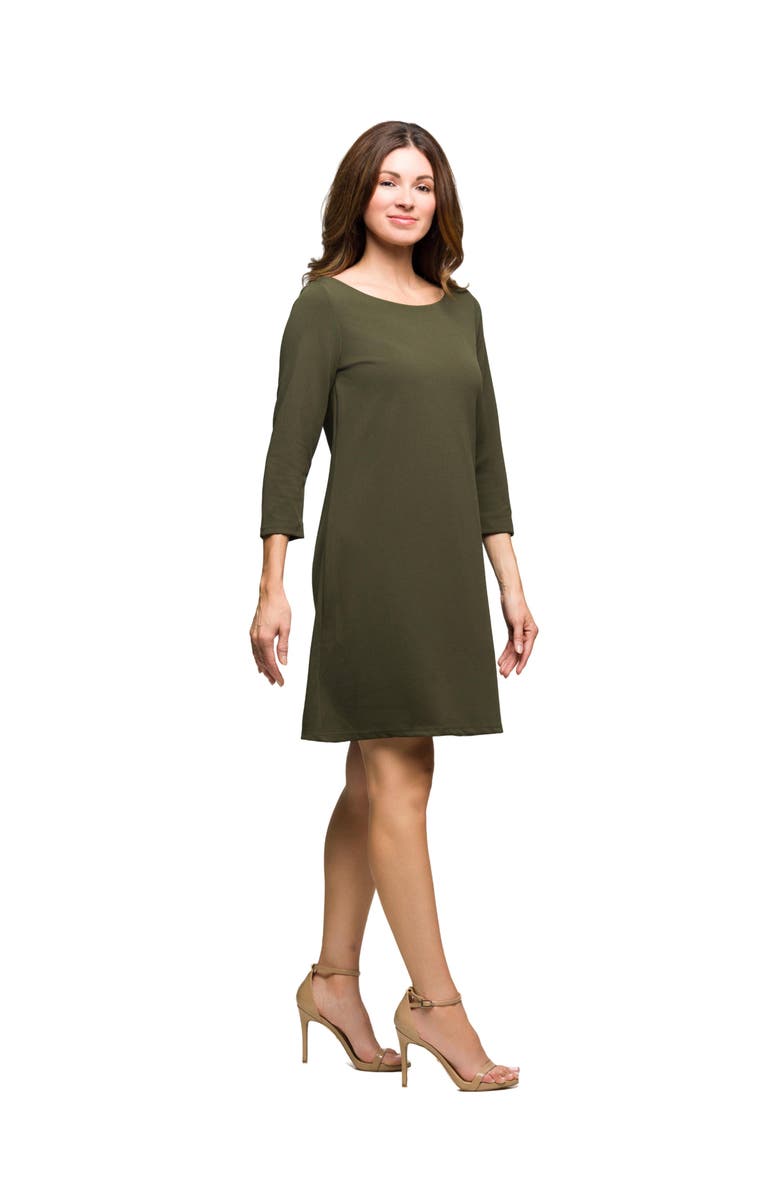 24seven Comfort Apparel Three Quarter Sleeve A Line Knee Length Dress, Alternate, color, Olive