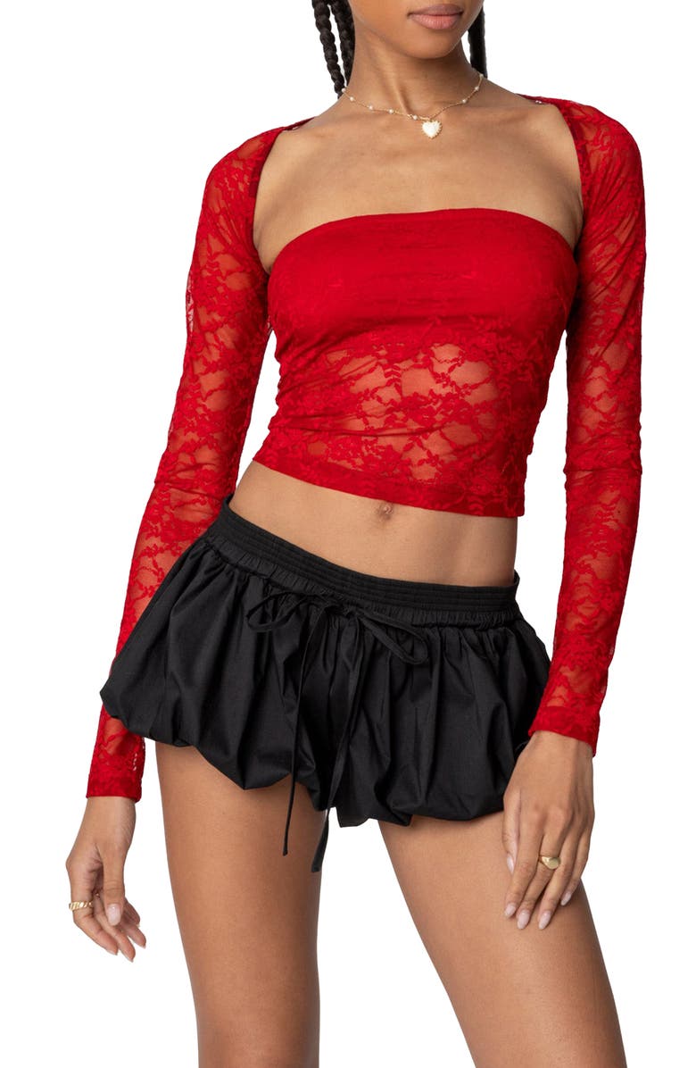 EDIKTED Addison Sheer Lace Tube Top & Bolero Set, Main, color, Red