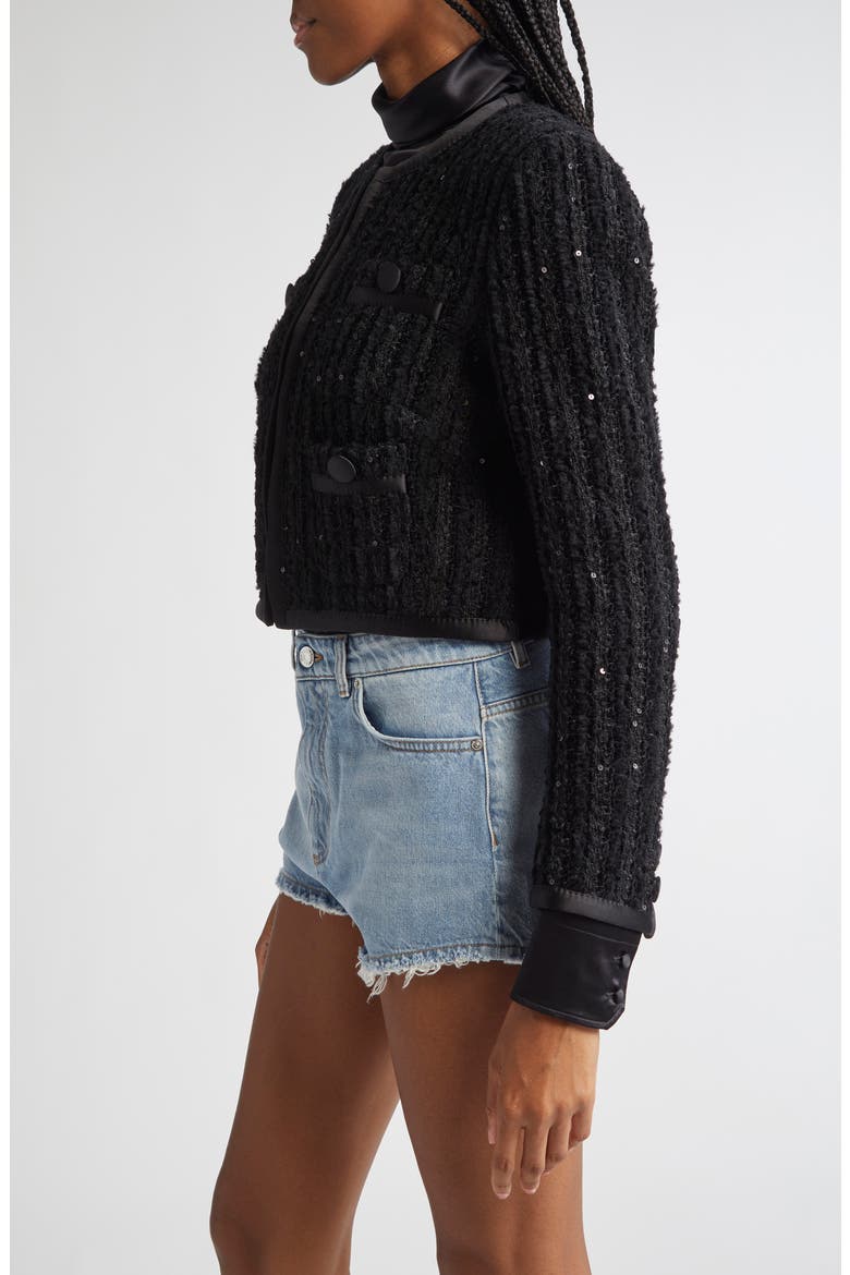Sequin Bouclé Tweed Crop Jacket, Alternate, color, N0000 NERO