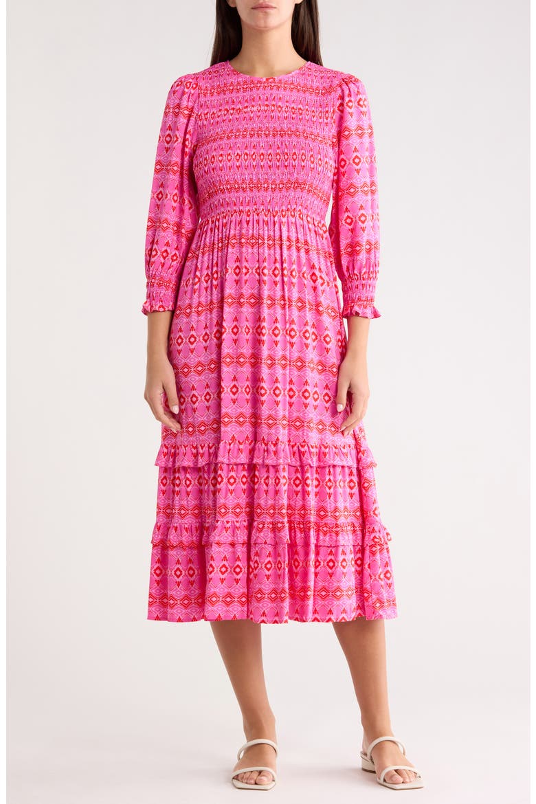Mirany Ikat Ludlow Smocked Midi Dress, Main, color, FUCHSIA/RED