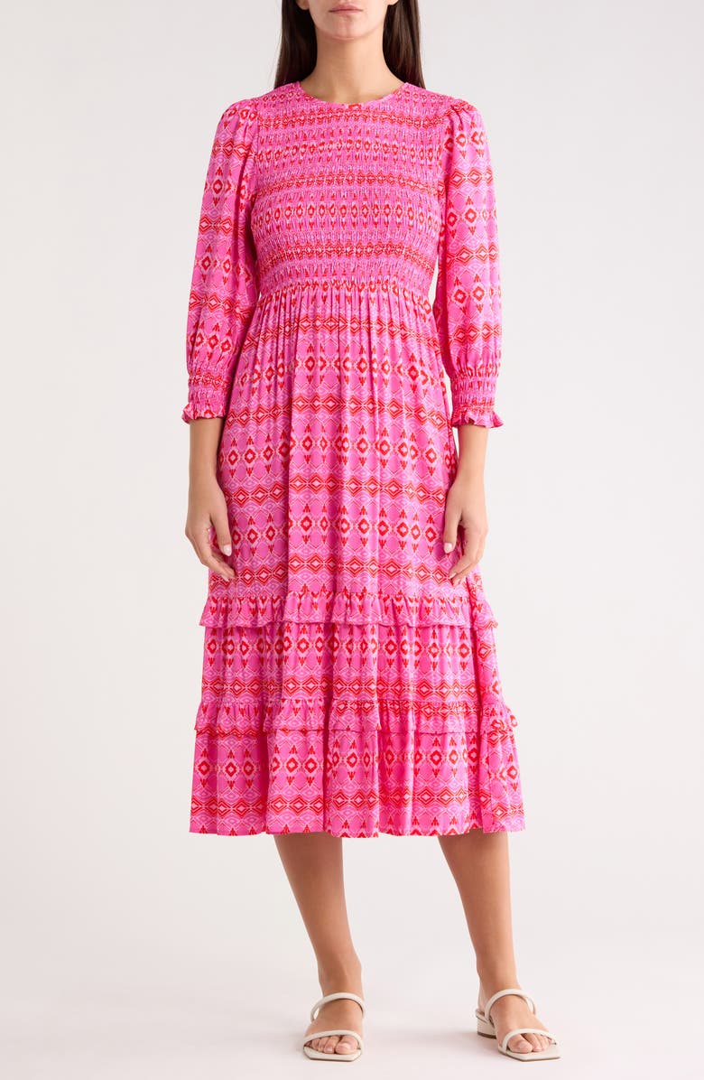 SUGARLIPS Mirany Ikat Ludlow Smocked Midi Dress, Main, color, Fuchsia/Red