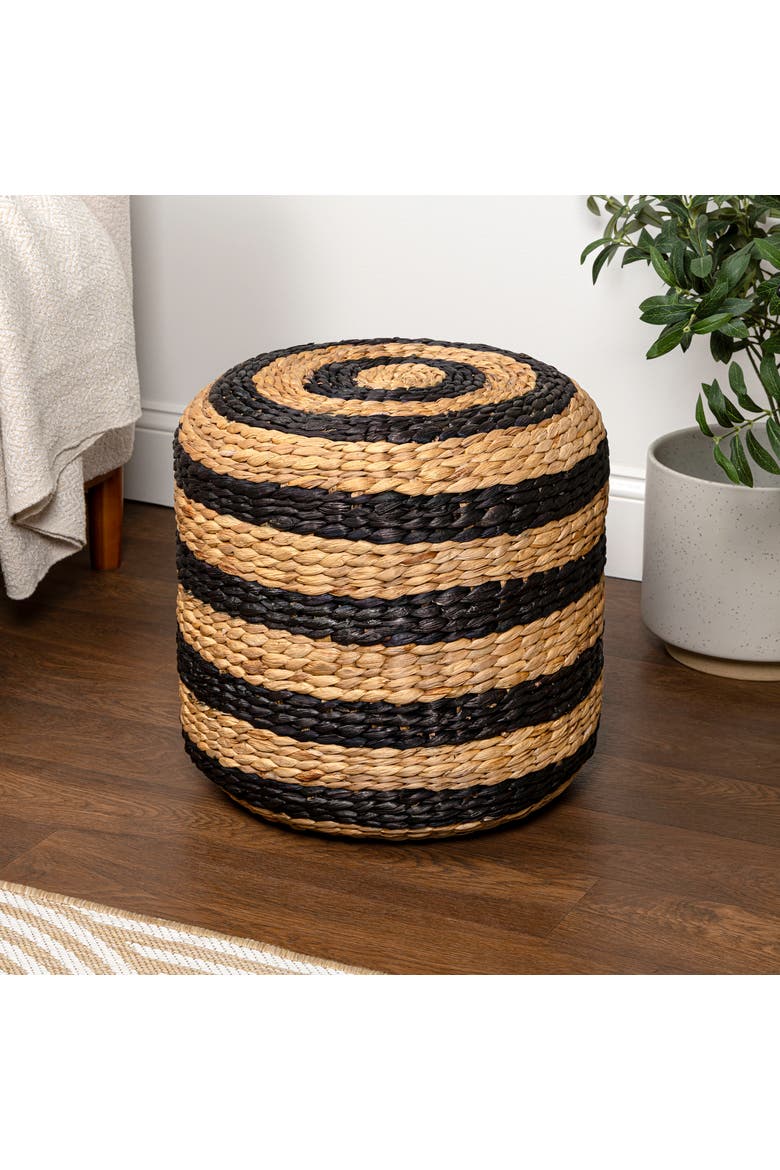 Aimee Bohemian Handwoven Water Hyacinth Round Floor Pouf Ottoman Accent Seat and Footstool for Living Room, Alternate, color, Black/Natural (Stripes)