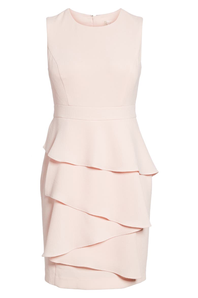 Ella Ruffle Cascade Crepe Sheath Dress, Main, color, BLUSH