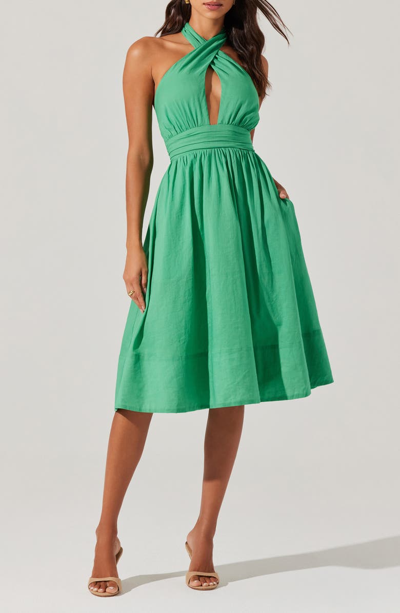 ASTR the Label Kalia Halter Neck Linen & Cotton Dress, Main, color, Green