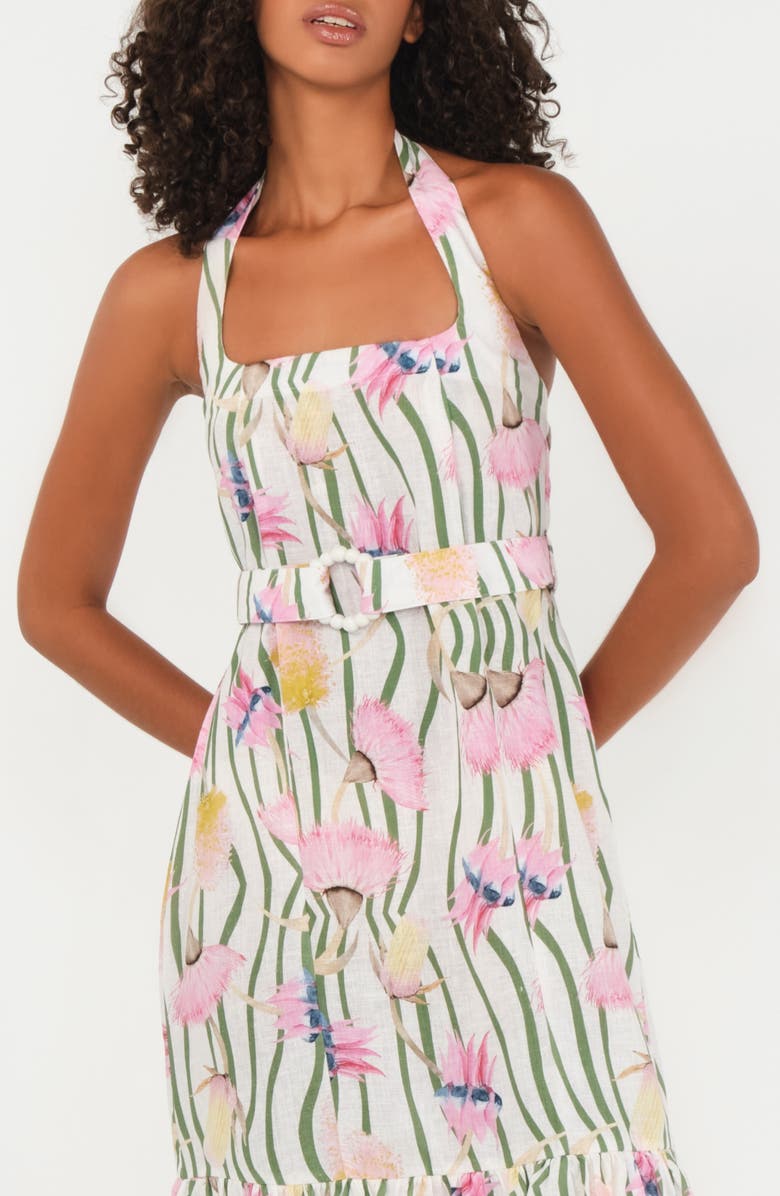 The Lulo Project The Australian Ruffle Halter Linen Blend Maxi Dress, Alternate, color, Aussie Desert Flowers