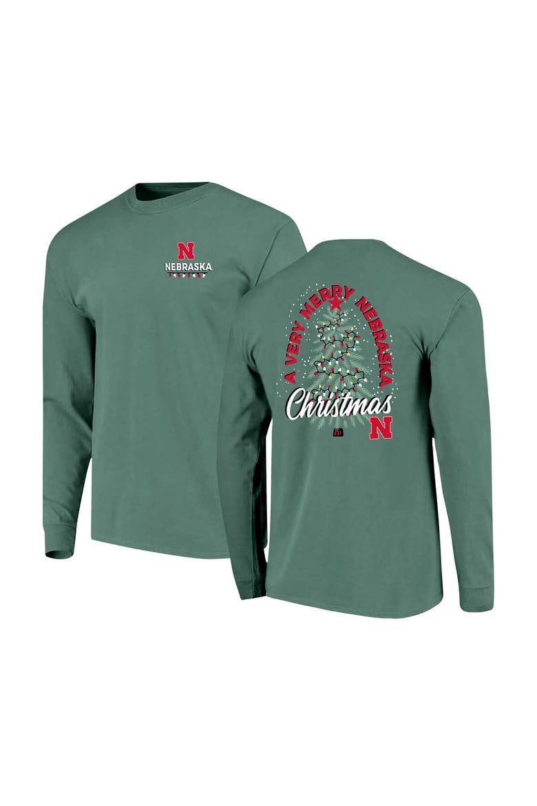 Men's  Green Nebraska Huskers Comfort Colors Merry Christmas Tree Long Sleeve T-Shirt, Main, color, Green