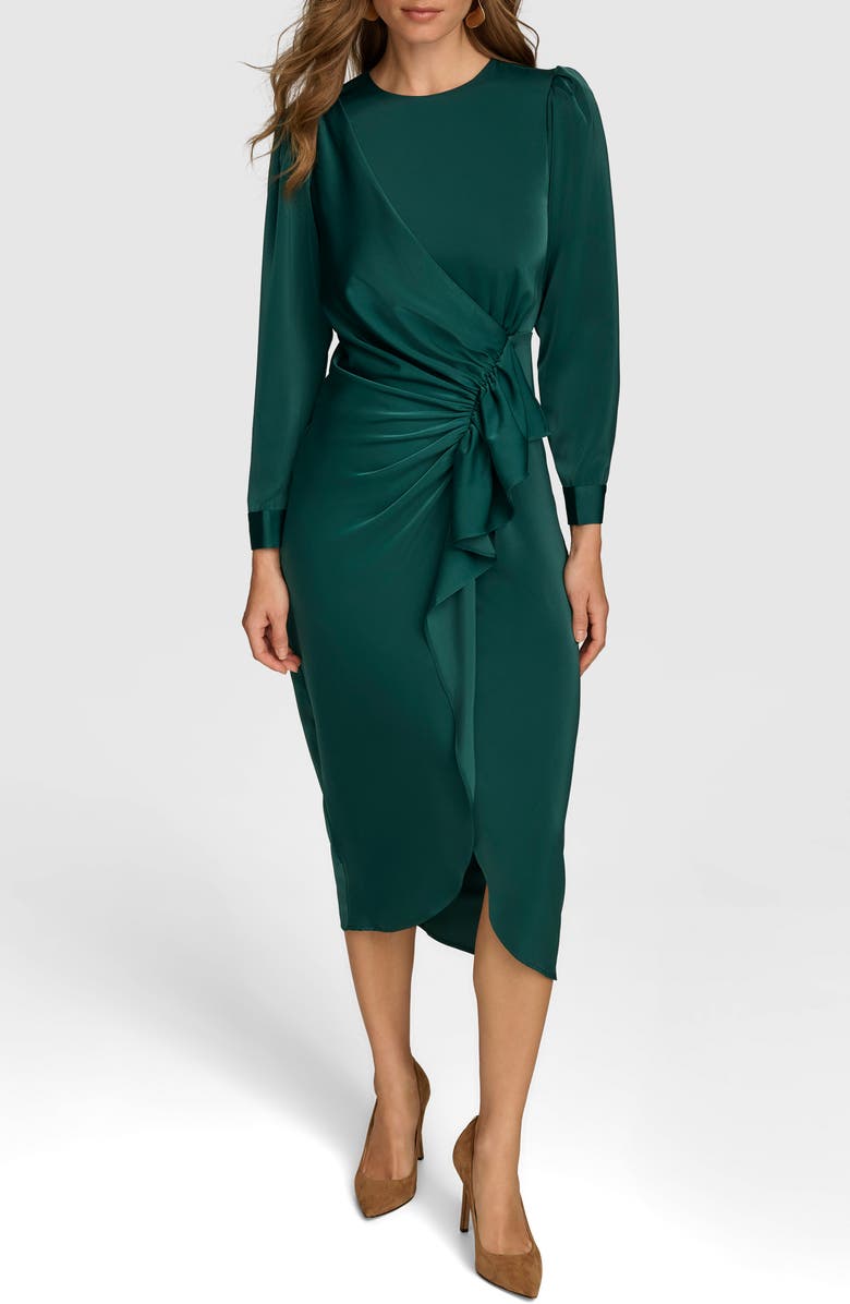 Donna Karan New York Cascade Ruffle Long Sleeve Satin Midi Dress, Main, color,