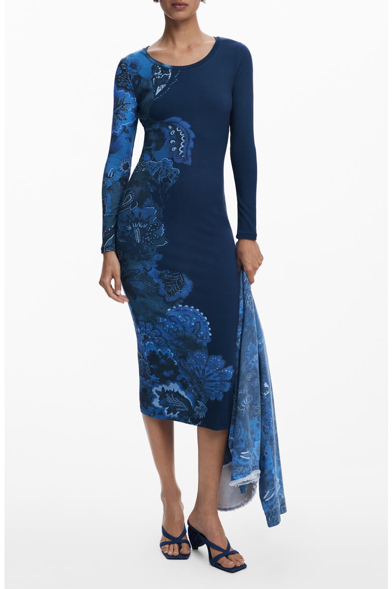 Floral Print Long Sleeve Midi Dress, Main, color, NAVY BLUE