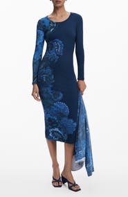 Desigual Floral Print Long Sleeve Midi Dress