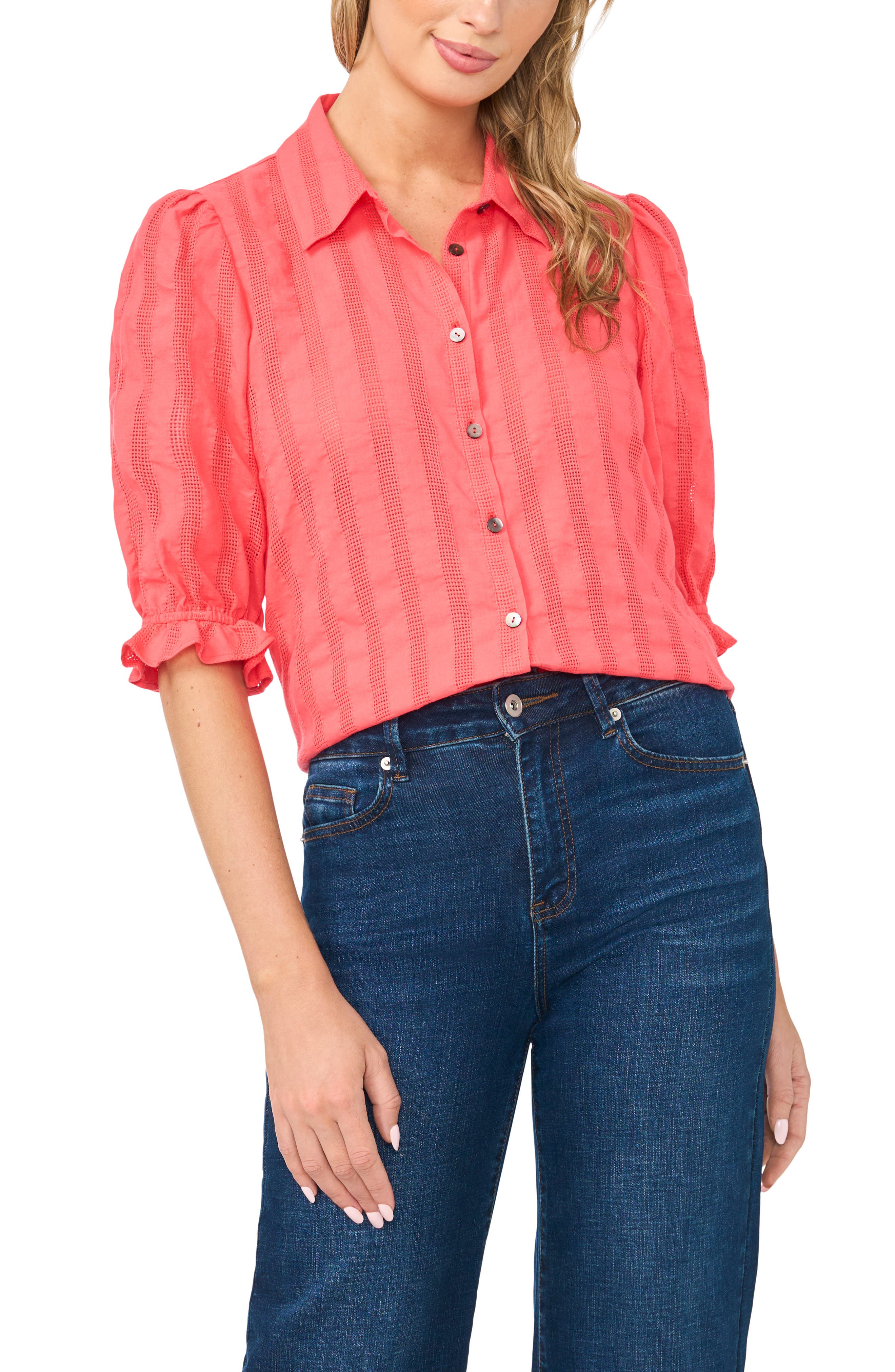 Sheer Stripe Puff Sleeve Button-Up Shirt - image 5