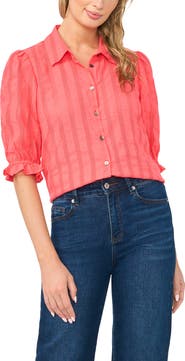Halogen® Sheer Stripe Puff Sleeve Button-Up Shirt