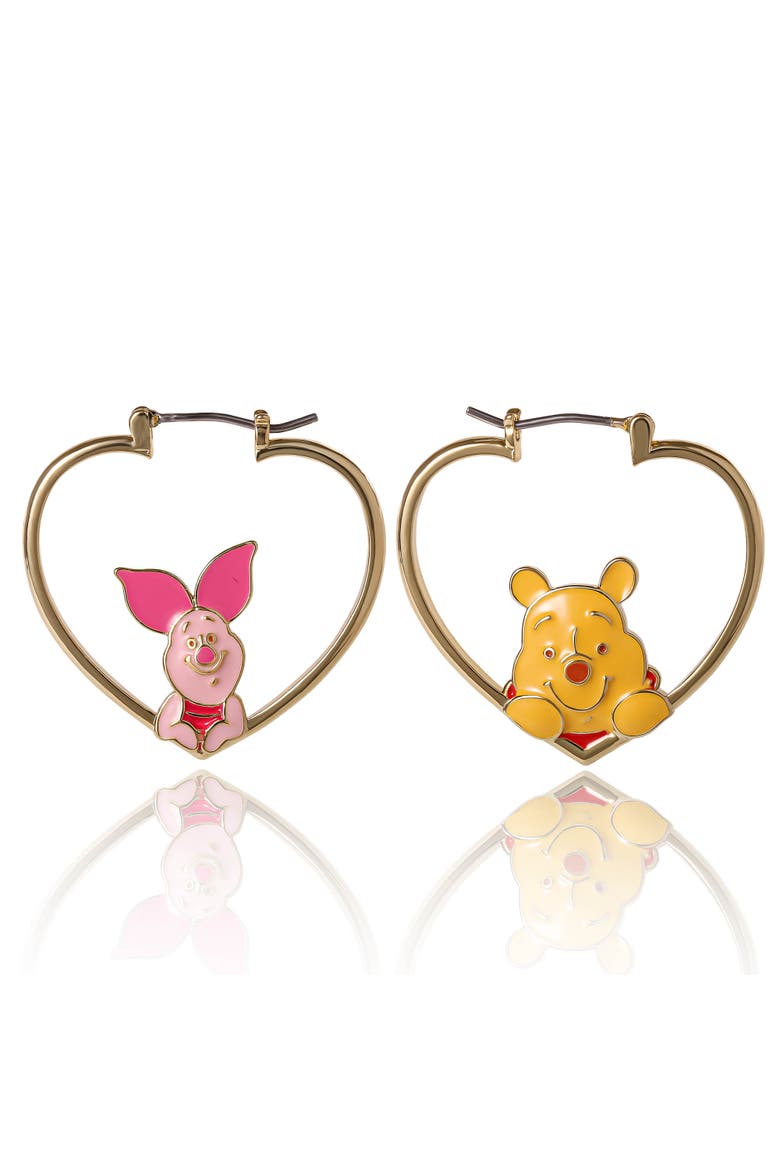 Winnie The Pooh And Piglet Mismatched Heart Hoop Earrings, Main, color, Gold