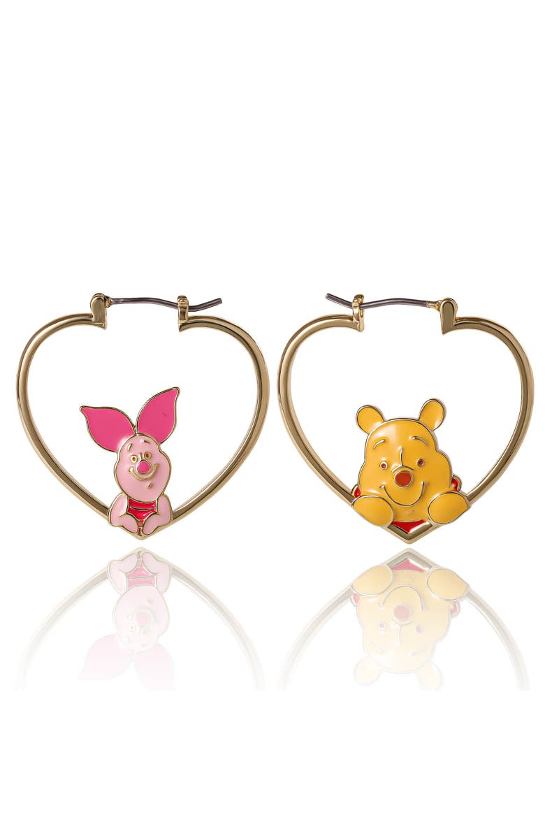 Disney Winnie The Pooh And Piglet Mismatched Heart Hoop Earrings, Main, color, Gold