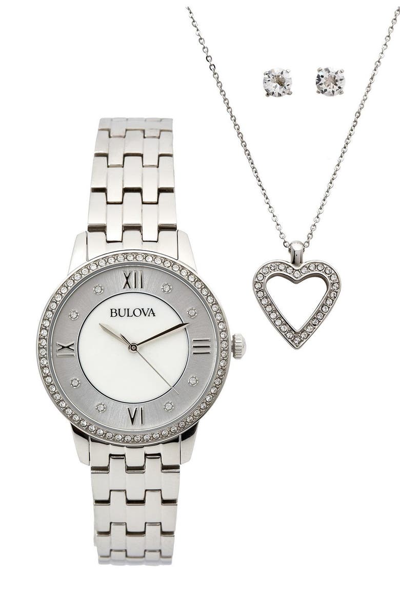BULOVA Women's Swarovski Crystal Accented Watch, Necklace & Earrings Set, 30mm, Main, color, 