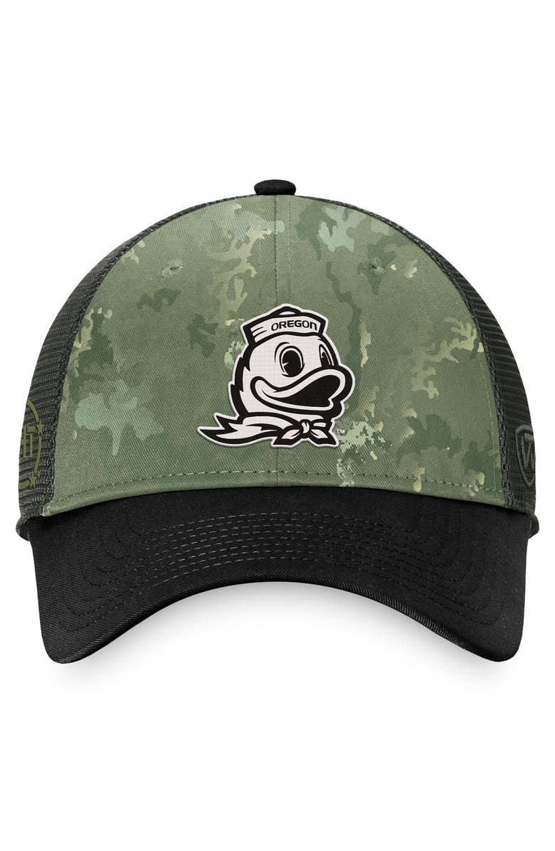 TOP OF THE WORLD Men's Top of the World Hunter Green/Gray Oregon Ducks OHT Military Appreciation Unit Trucker Adjustable Hat, Alternate, color, 