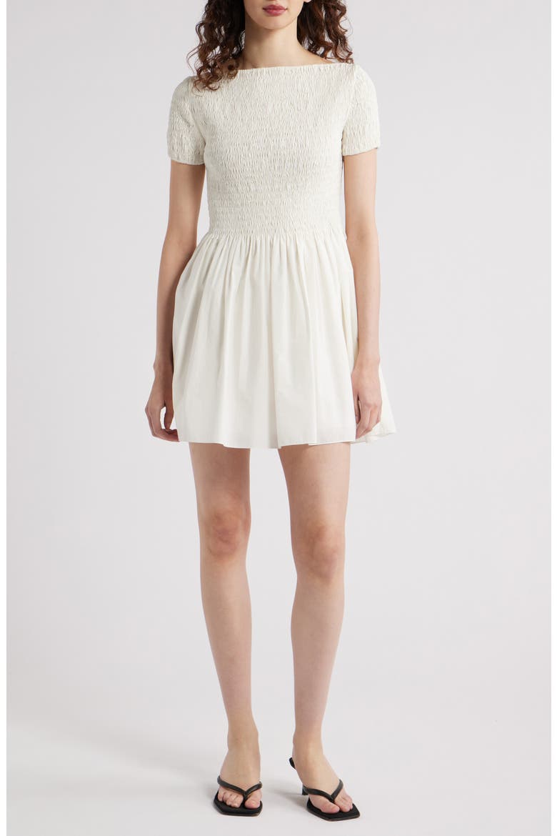 Deboni Smocked Cotton Minidress, Main, color, WHITE