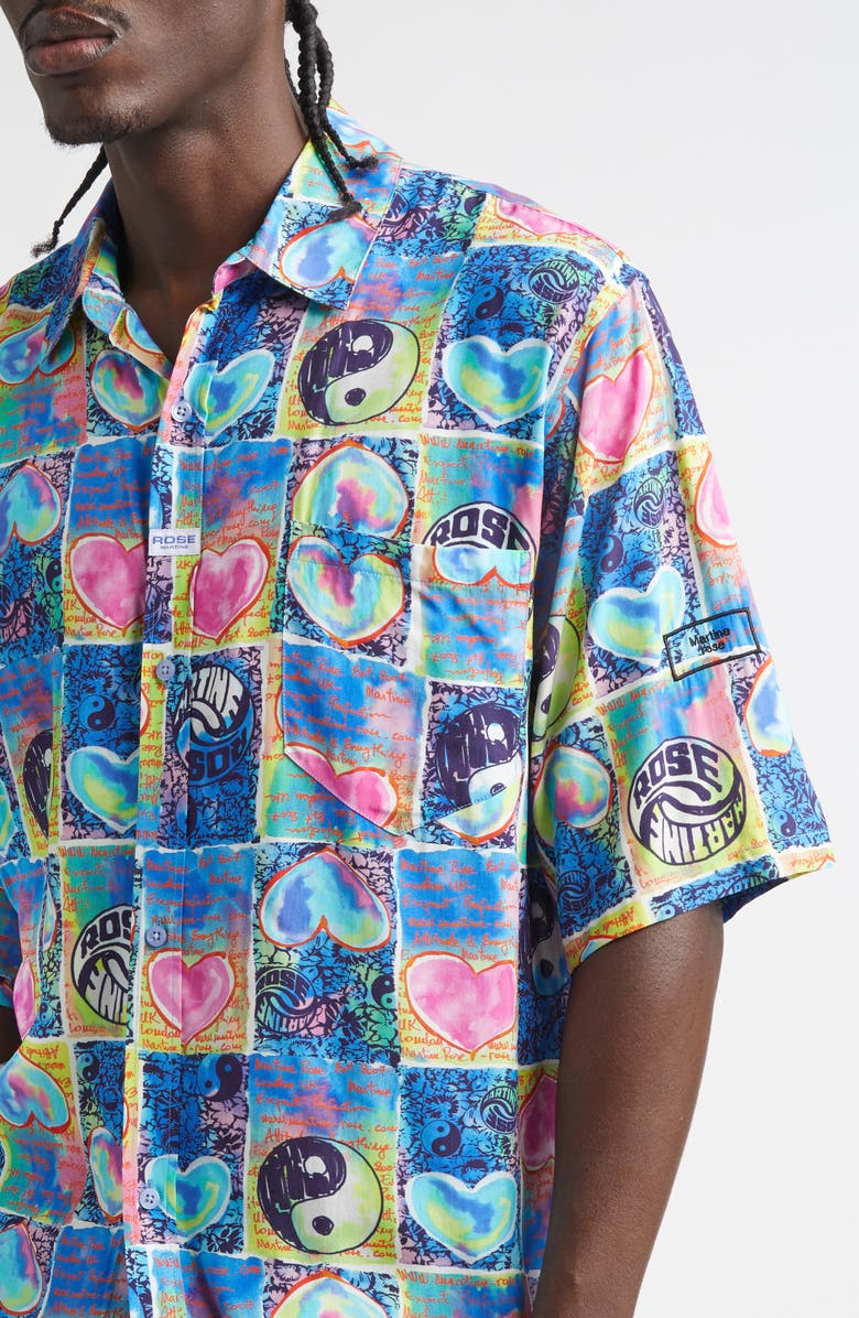 Martine Rose Blue Hearts Boxy Button-Up Shirt, Alternate, color, Blue