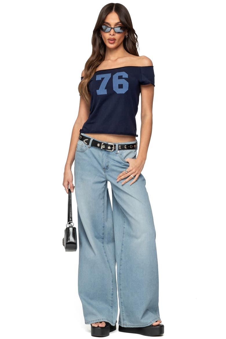 76 Off the Shoulder Cotton Graphic T-Shirt, Alternate, color, NAVY