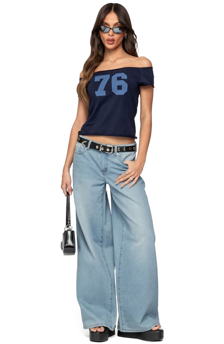 EDIKTED 76 Off the Shoulder Cotton Graphic T-Shirt, Alternate, color, Navy