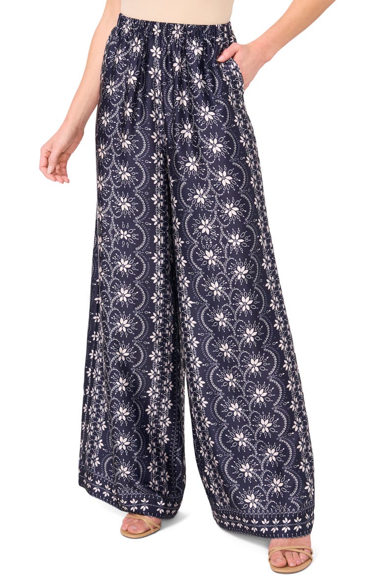 CeCe Mixed Print Wide Leg Pants, Main, color, Classic Navy