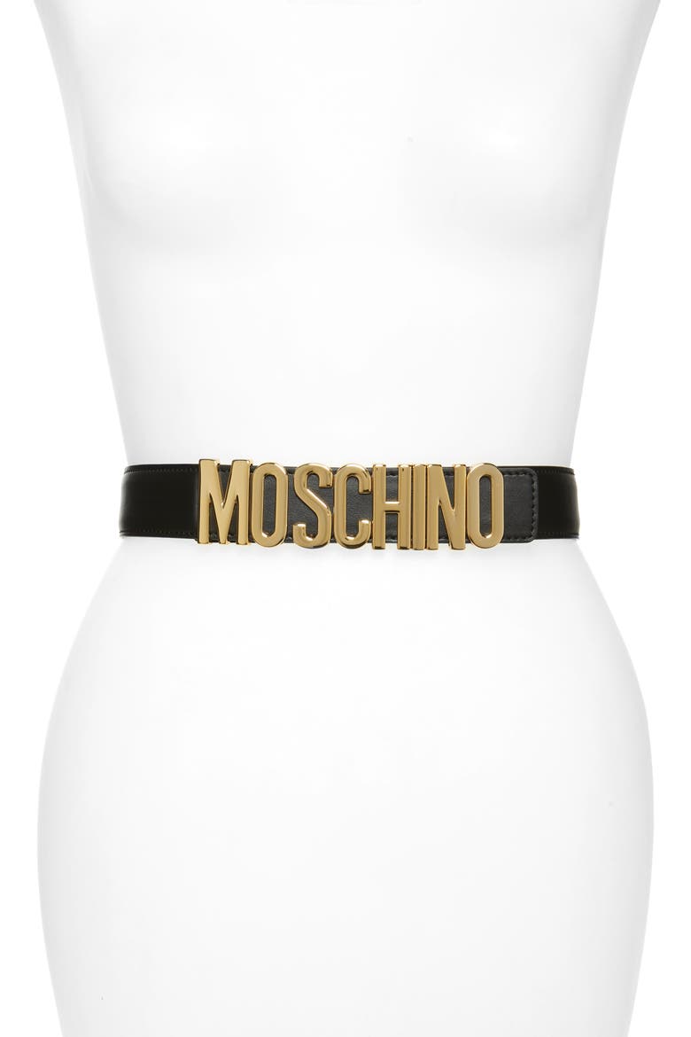 Logo Plate Leather Belt, Main, color, BLACK W/ GOLD