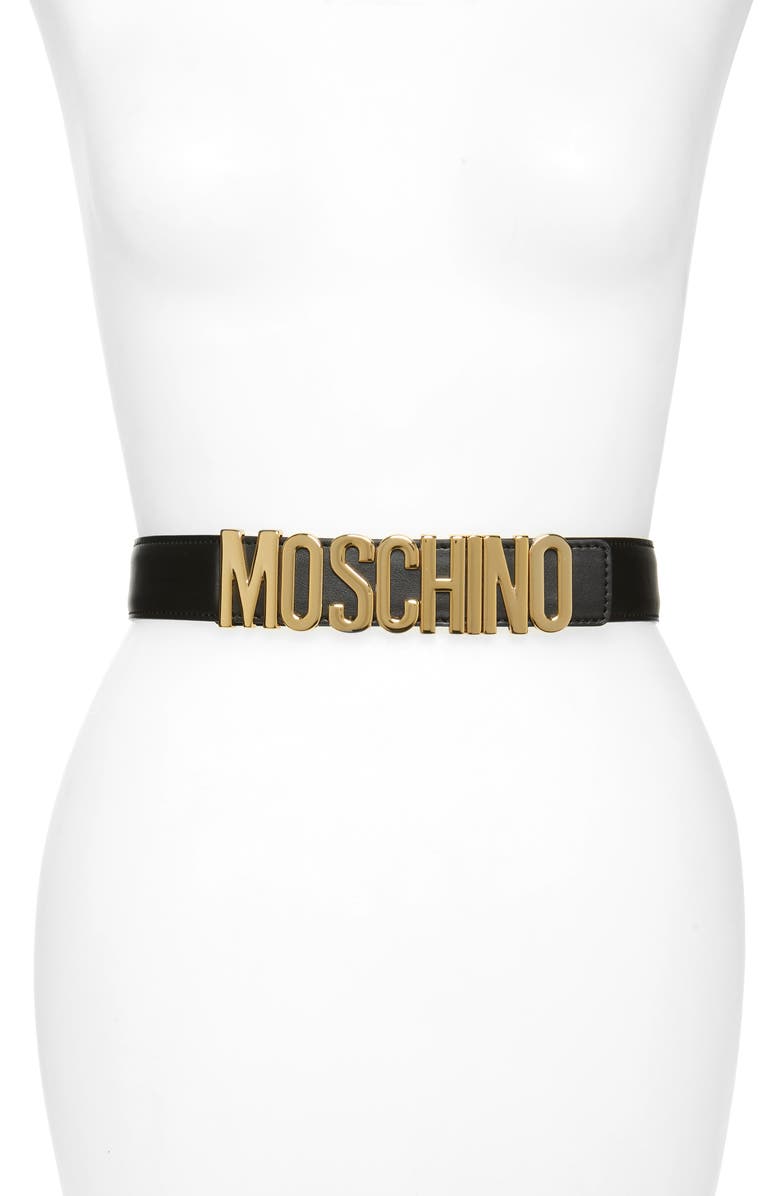 Moschino Logo Plate Leather Belt, Main, color,