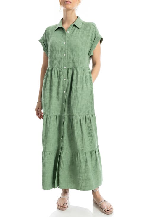 Short Sleeve Tiered Maxi Shirtdress