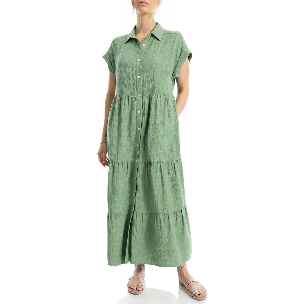 Max Studio Short Sleeve Tiered Maxi Shirtdress In Green