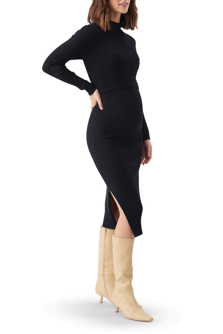 Nella Knit Ribbed Maternity and Nursing Midi Dress, Alternate, color, Black