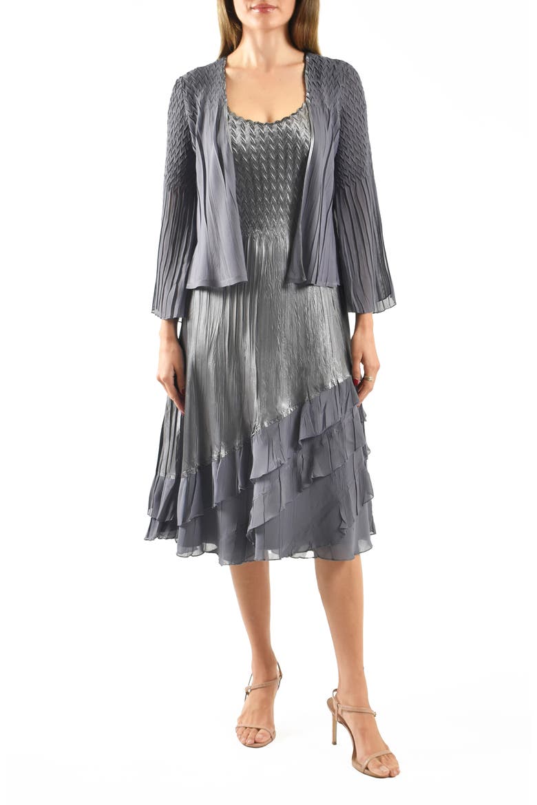 Tiered Charmeuse & Chiffon Cocktail Dress with Jacket, Main, color, TRUE STEEL