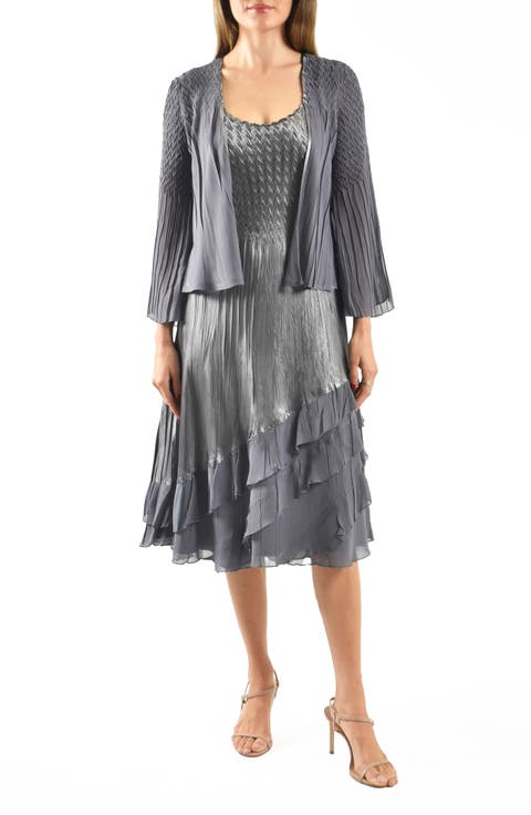 Tiered Charmeuse & Chiffon Cocktail Dress with Jacket