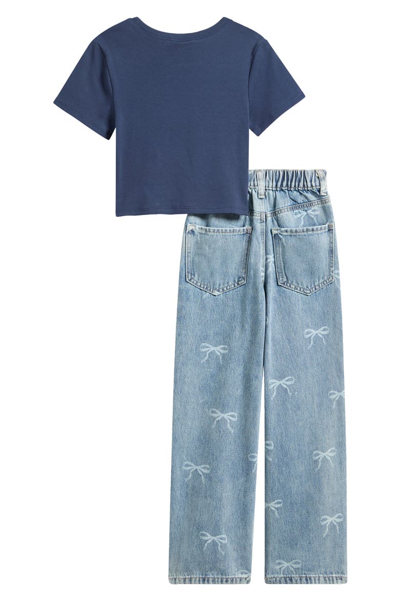 Kids' Graphic T-Shirt & Bow Jeans Set, Alternate, color, NAVY