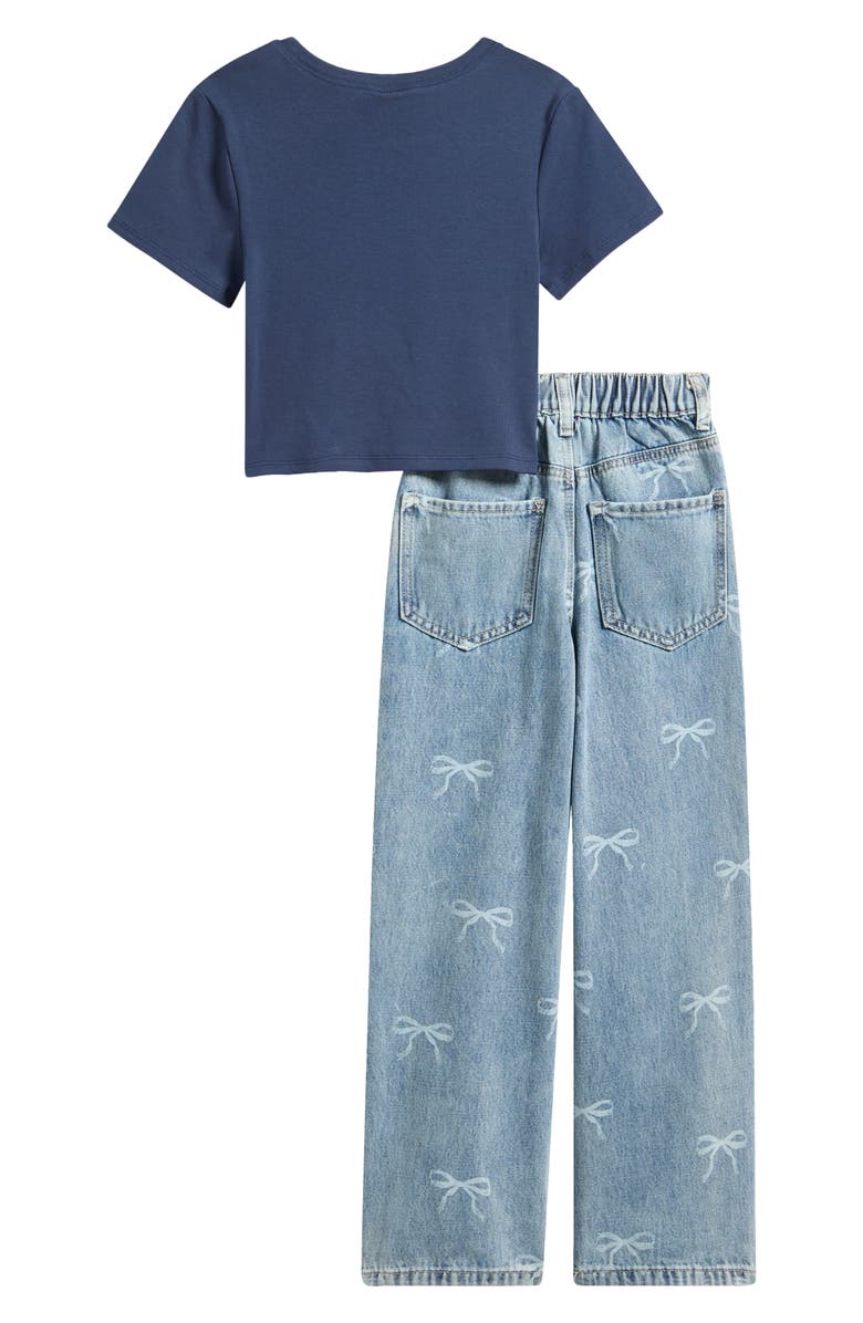 Tween Diva Kids' Graphic T-Shirt & Bow Jeans Set, Alternate, color, Navy