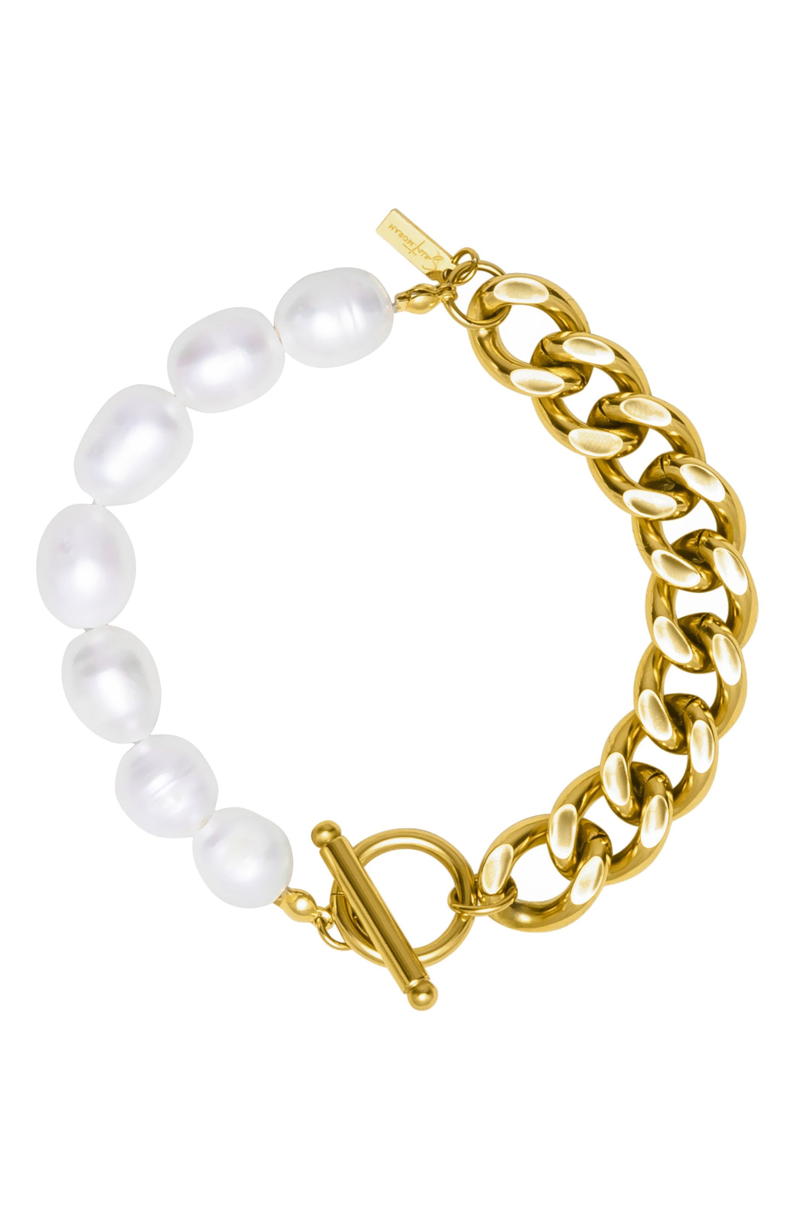 Imitation Pearl and Curb Chain Toggle Bracelet