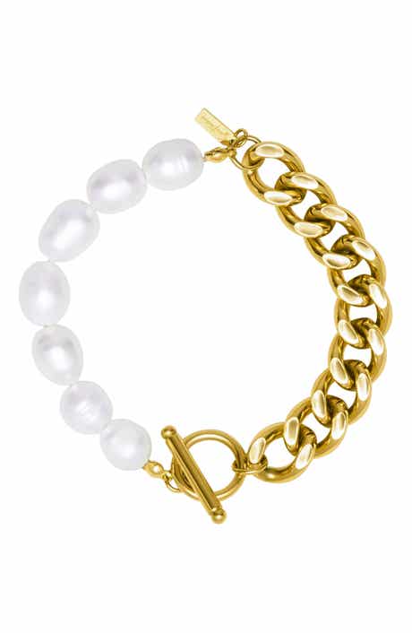 Imitation Pearl and Curb Chain Toggle Bracelet