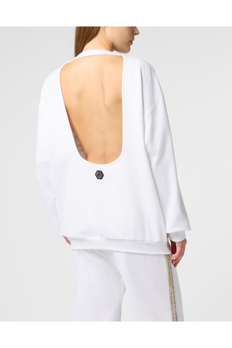 Washed Open Back Sweatshirt Strass Signature Women, Alternate, color, white
