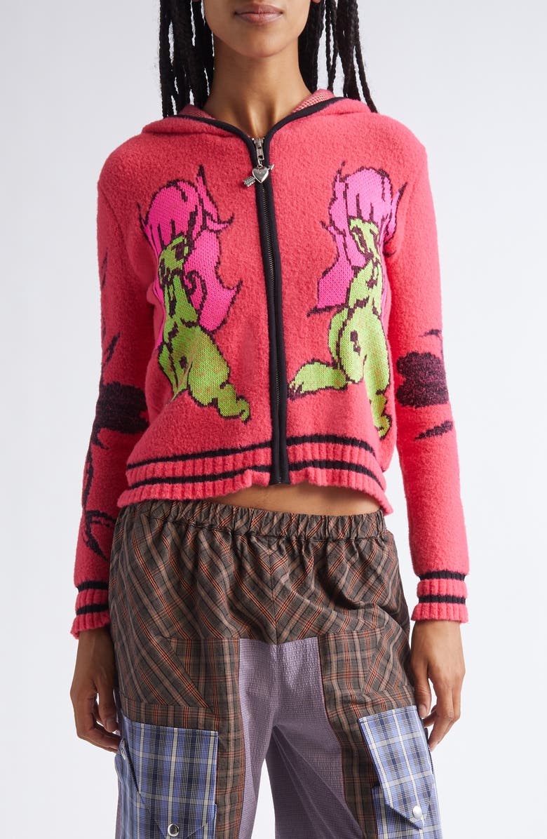 Chopova Lowena My Name is Tiny Jacquard Hooded Zip Cardigan, Main, color, Red Multi