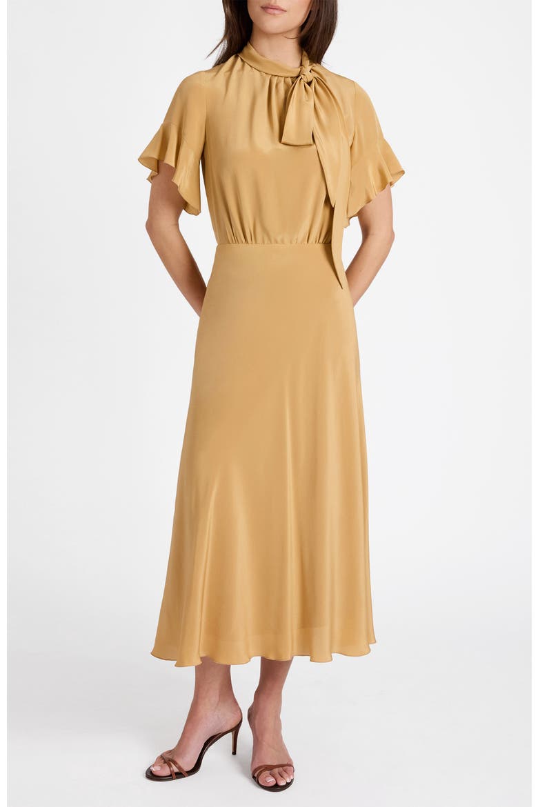 Sabrina Silk Short Sleeve Tie Neck Midi Dress, Alternate, color, Dune Sand