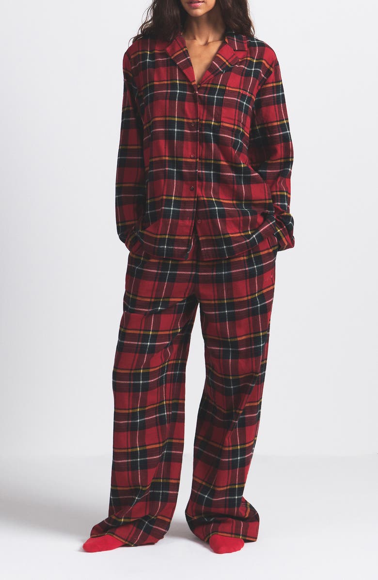 SKIMS Cotton Flannel Pajamas, Main, color, Brick Holiday Plaid